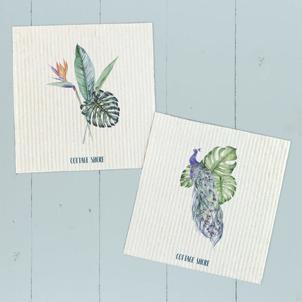 Peacock with Monstera, Tropical Plants  - 2pk Swedish Dish Cloth