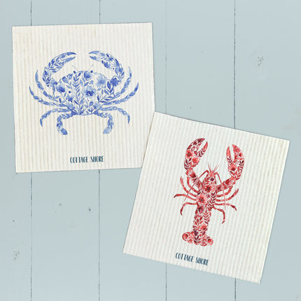 Watercolor Floral Red Lobster - 2pk Swedish Dish Cloth