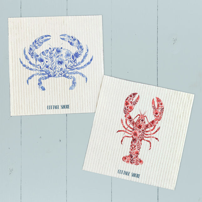 Watercolor Floral Red Lobster - 2pk Swedish Dish Cloth