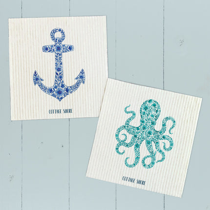 Watercolor Floral Teal Octopus - 2pk Swedish Dish Cloth