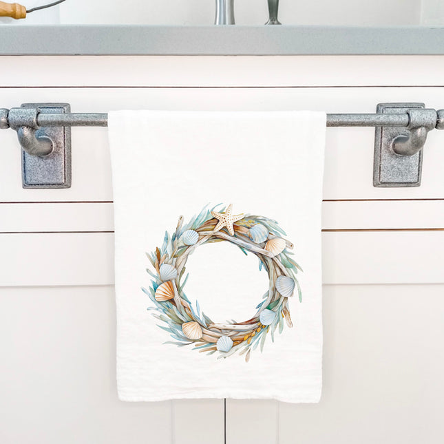 Seashell Driftwood Wreath - Customizable Cotton Tea Towel