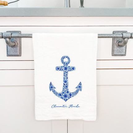 Watercolor Floral Navy Anchor - Custom Cotton Tea Towel