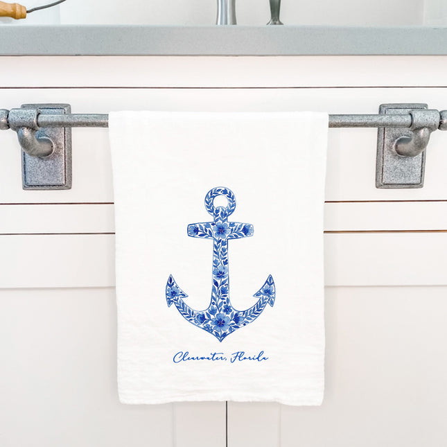 Watercolor Floral Navy Anchor - Custom Cotton Tea Towel