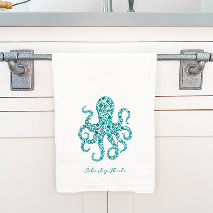 Watercolor Floral Teal Octopus - Custom Cotton Tea Towel