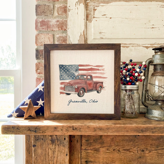 Watercolor American Flag & Red Truck - Custom Framed Sign