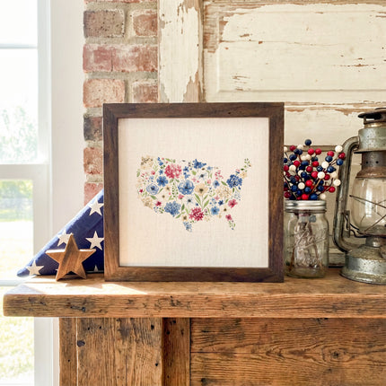 United States Americanna Floral Watercolor - Framed Sign