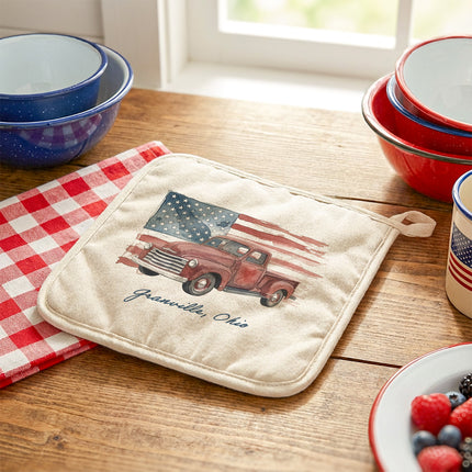 Watercolor American Flag & Red Truck - Custom Cotton Pot Holder