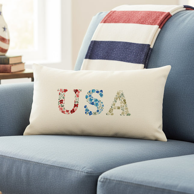 USA Letters Americanna Floral Watercolor - Rectangular Canvas Pillow