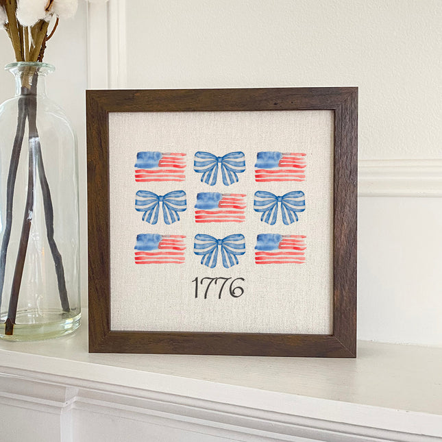 Watercolor Flags & Bows - Patriotic Framed Sign
