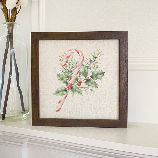 Candy Cane with Holly - Customizable Framed Sign
