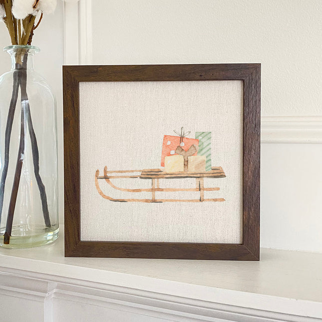 Watercolor Present Sled - Framed Sign
