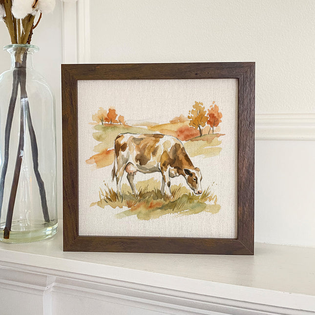 Cow in Autumn Field - Framed Sign