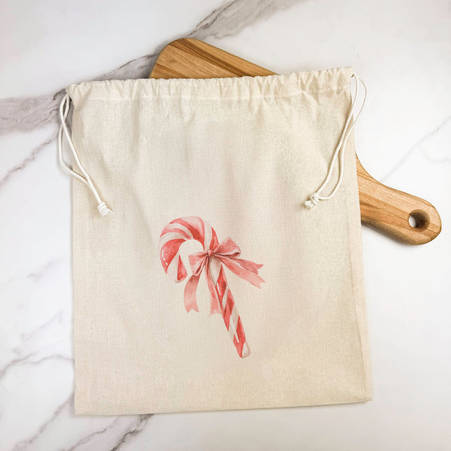 Candy Cane  with a Bow - Customizable Cotton Cinch Bag