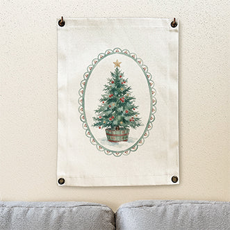 Watercolor Christmas Tree with Border - Canvas Wall Hanging
