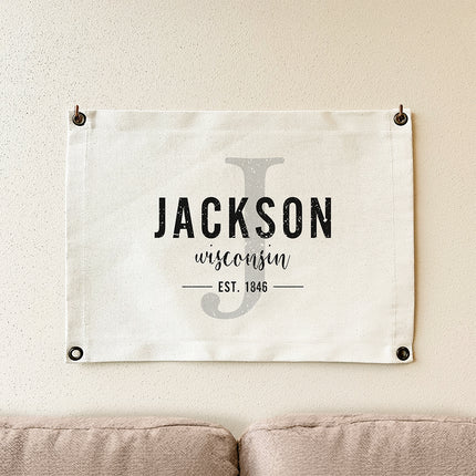 Initial w/ City & State - Custom Canvas & Grommet Wall Hanging