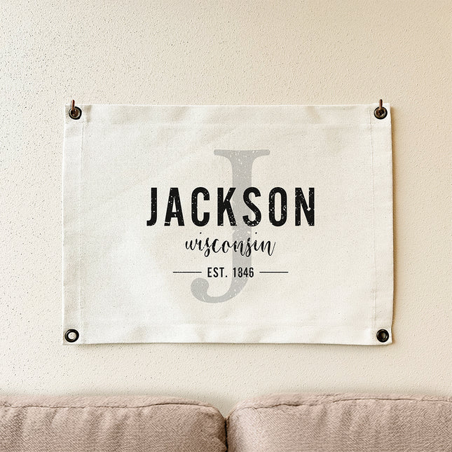 Initial w/ City & State - Custom Canvas & Grommet Wall Hanging