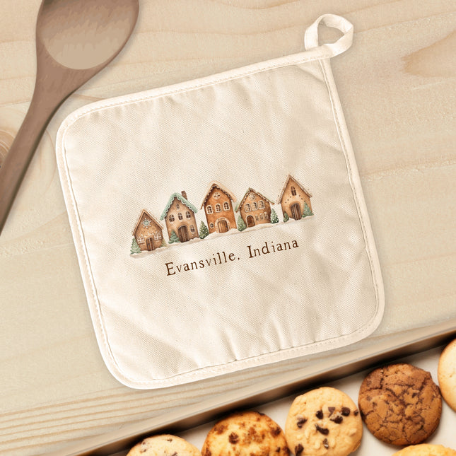 Gingerbread Houses w/ City, State - Custom Cotton Pot Holder