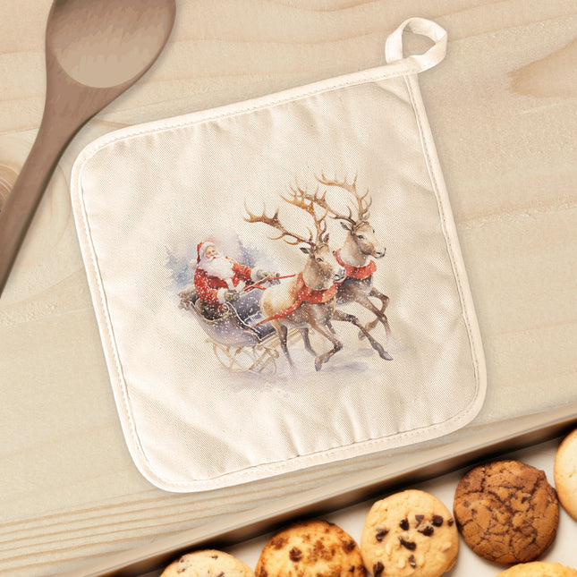 Santa and Reindeer Sleigh - Customizable Cotton Pot Holder