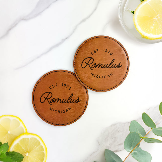 Vintage Script City - Custom Round Leatherette Coaster