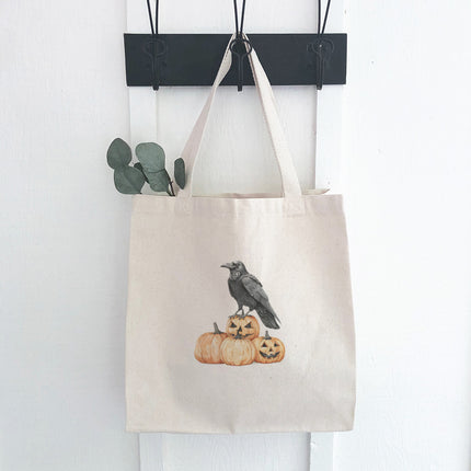 Crow and Carved Pumpkins - Customizable Halloween  Canvas Tote Bag