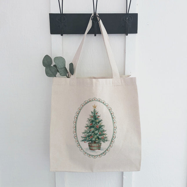 Watercolor Christmas Tree with Border - Canvas Tote Bag