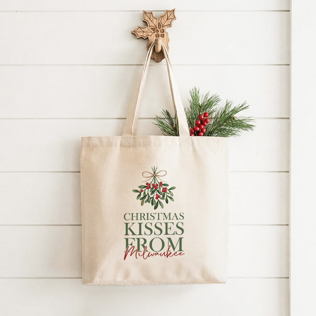 Christmas Kisses From - Custom Canvas Tote Bag
