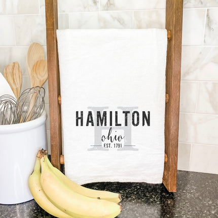 City and State w/ Initial - Custom Cotton Tea Towel