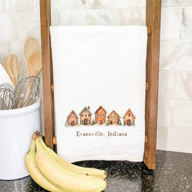 Gingerbread Houses w/ City, State - Custom Cotton Tea Towel