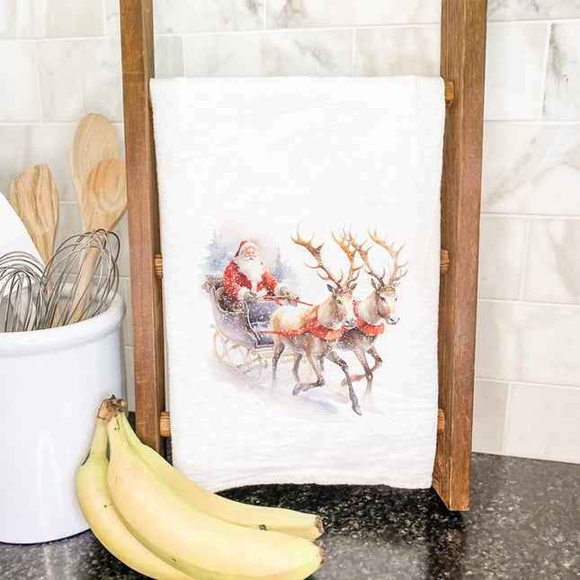 Santa and Reindeer Sleigh - Customizable Cotton Tea Towel