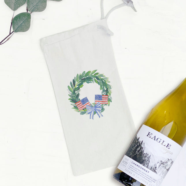 Patriotic Flag Wreath -Canvas Wine Bag