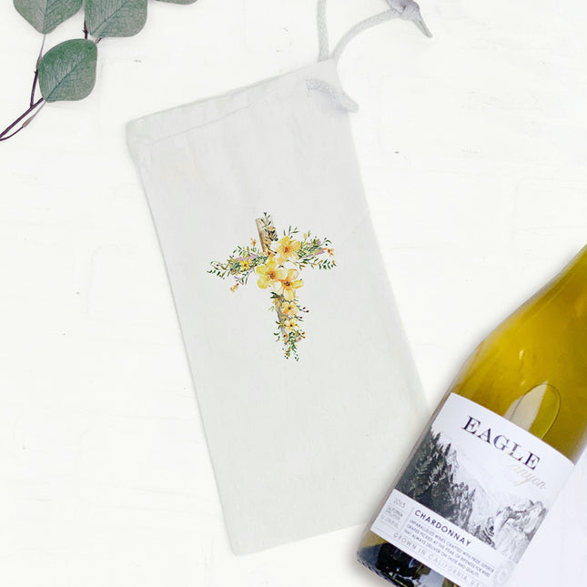 Yellow Floral Cross - Easter Canvas Wine Bag