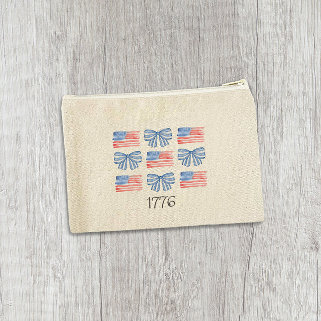 Watercolor Flags & Bows - Patriotic Canvas Zipper Pouch