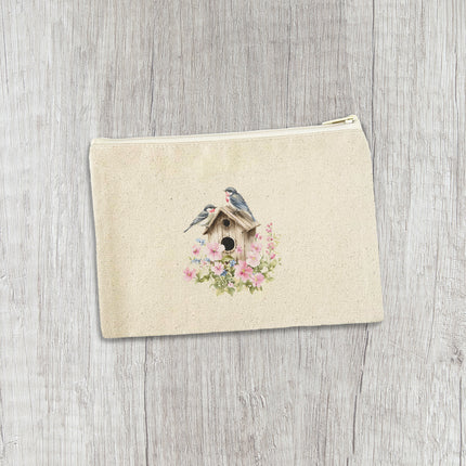 Floral Birdhouse - Canvas Zipper Pouch