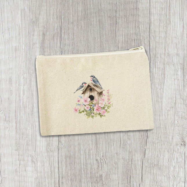 Floral Birdhouse - Canvas Zipper Pouch