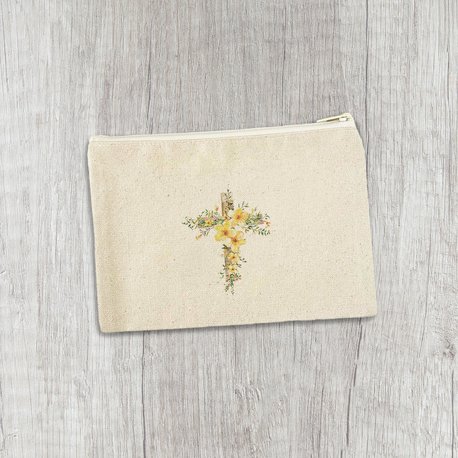 Yellow Floral Cross - Easter Canvas Zipper Pouch