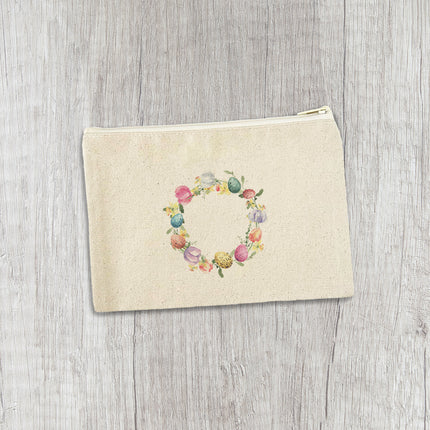 Tulips and Speckled Egg Wreath - Easter Canvas Zipper Pouch