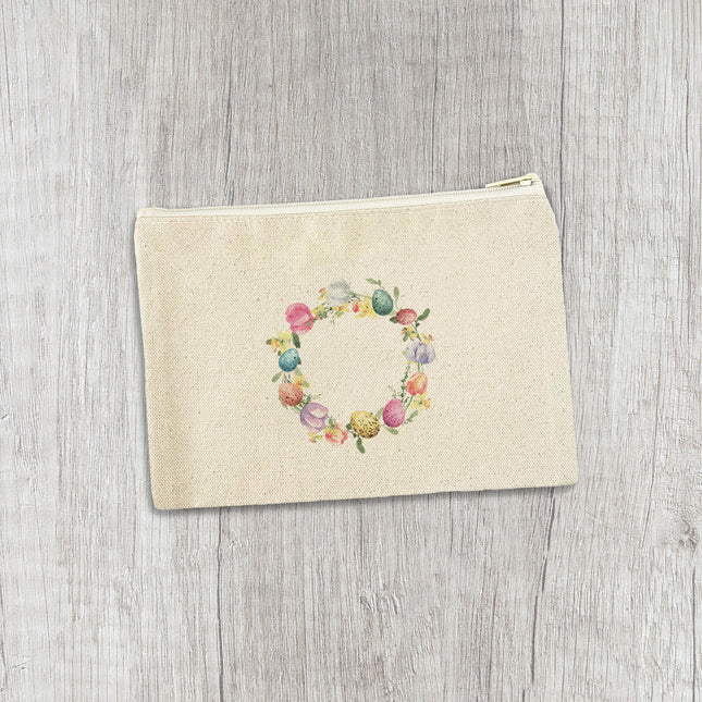 Tulips and Speckled Egg Wreath - Easter Canvas Zipper Pouch