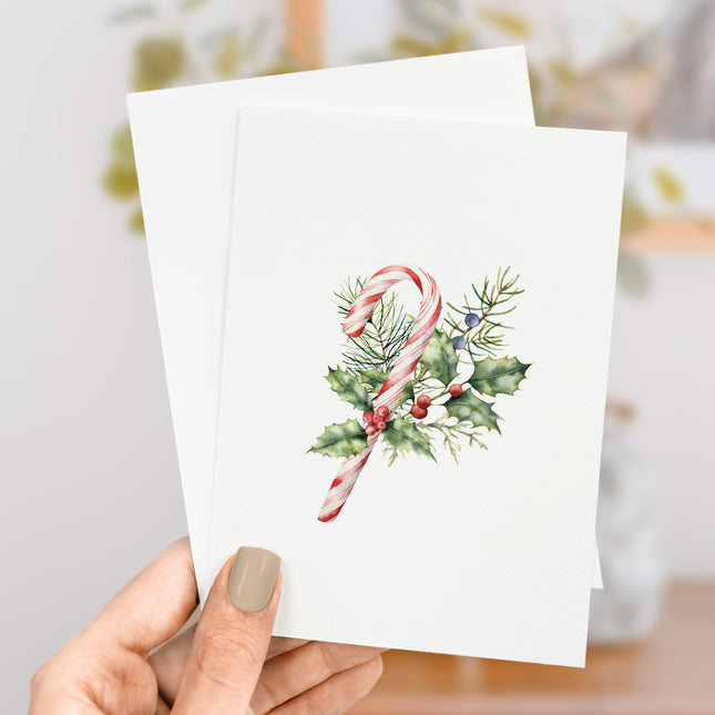 Candy Cane with Holly - Greeting Card