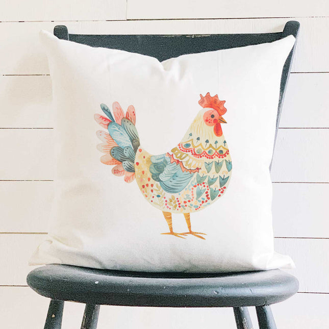 Red and Blue Folk-Art Chicken - Patriotic Throw  Pillow