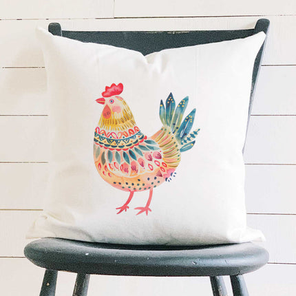 Folk-Art Chicken - Spring Square Canvas Pillow