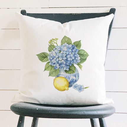 Hydrangea and Lemon Vase - Square Canvas Pillow