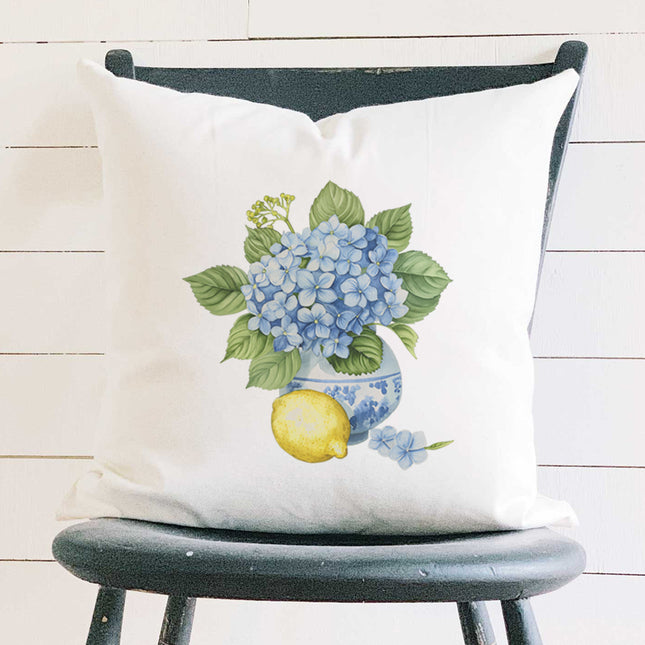 Hydrangea and Lemon Vase - Square Canvas Pillow