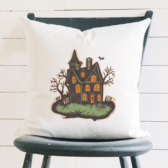 Retro Haunted House - Customizable Halloween Square Canvas Pillow