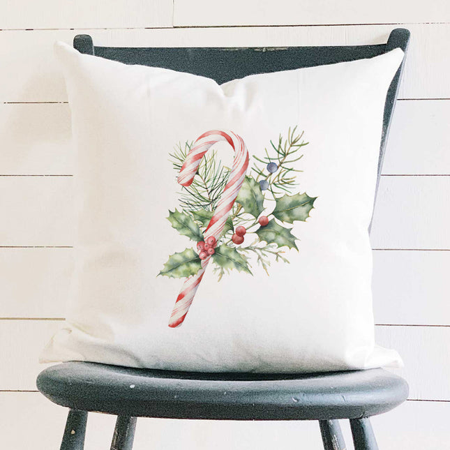Candy Cane with Holly - Customizable Square Canvas Pillow