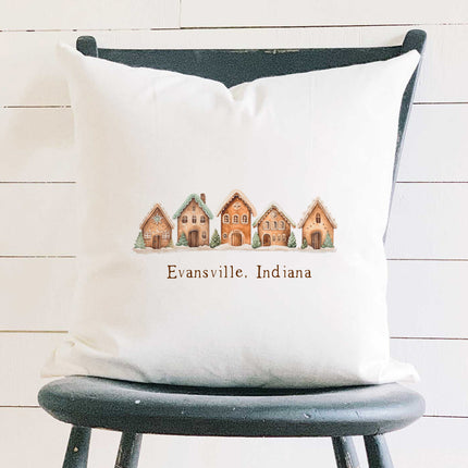 Gingerbread Houses w/ City, State - Custom Square Canvas Pillow