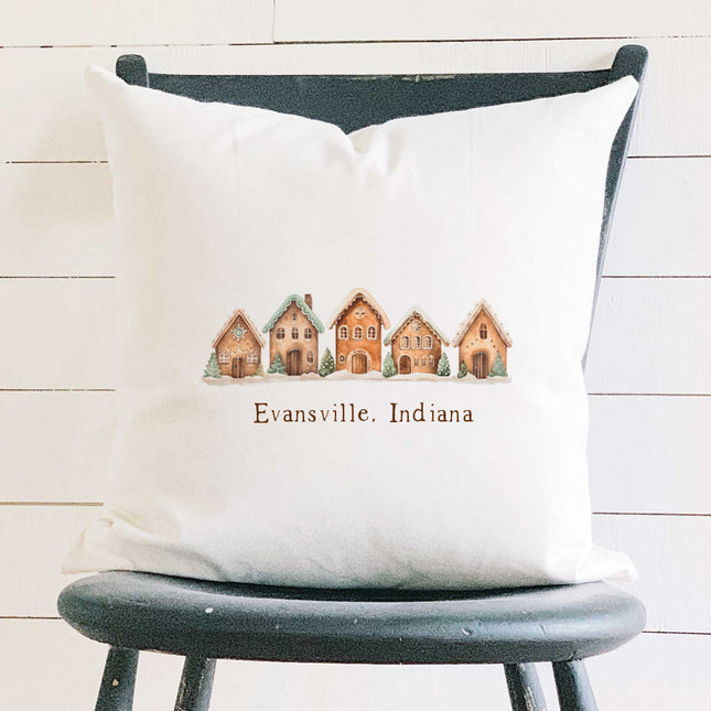 Gingerbread Houses w/ City, State - Custom Square Canvas Pillow