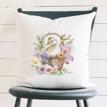 Duckling in Flower Basket - Square Canvas Pillow