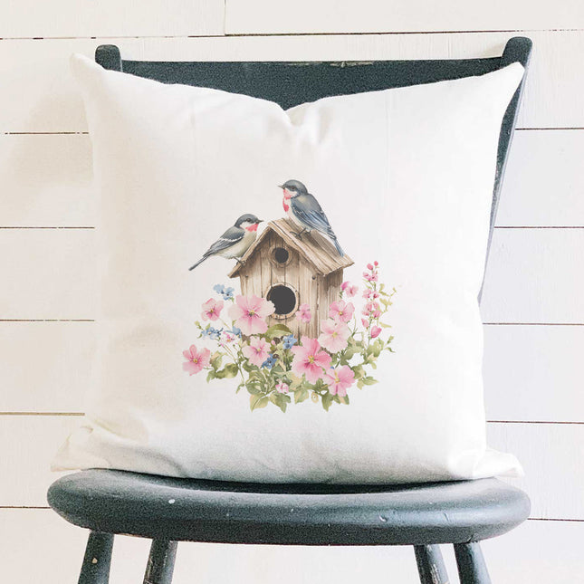 Floral Birdhouse - Square Canvas Pillow