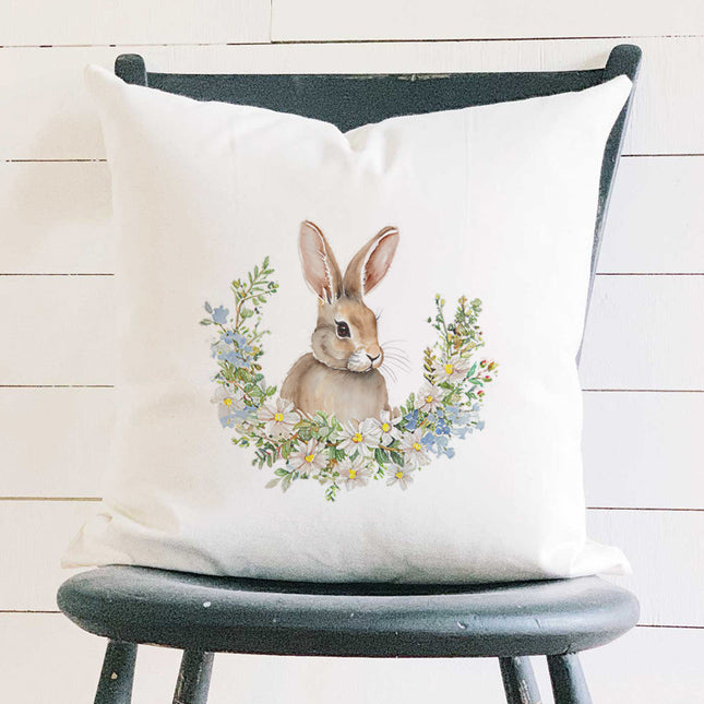 Daisy and Bunny Wreath - Easter Square Canvas Pillow