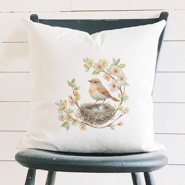Robin in a Cherry Blossom - Spring Square Canvas Pillow